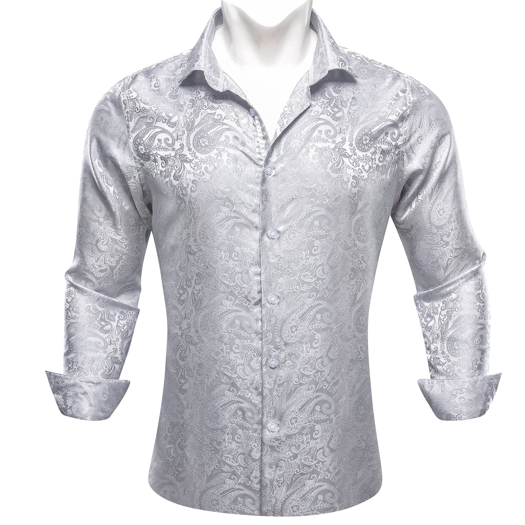Barry.wang Grey White Paisley Men's Silk Shirt
