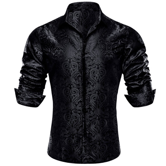 Barry. Wang Black Casual Shirt for Men Paisley Long Sleeve Button Down Shirt