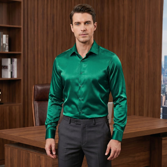 Barry. Wang Hunter Green Satin Mens Dress Shirts Long Sleeve Solid Formal Shirt