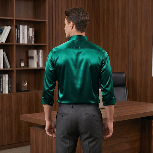 Barry. Wang Hunter Green Satin Mens Dress Shirts Long Sleeve Solid Formal Shirt