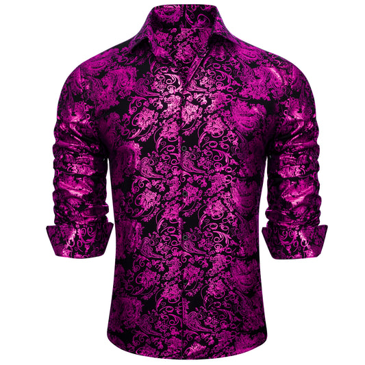 Barry. Wang Hot Pink Floral Shirt Button Down Silk Long Sleeve Party Shirt