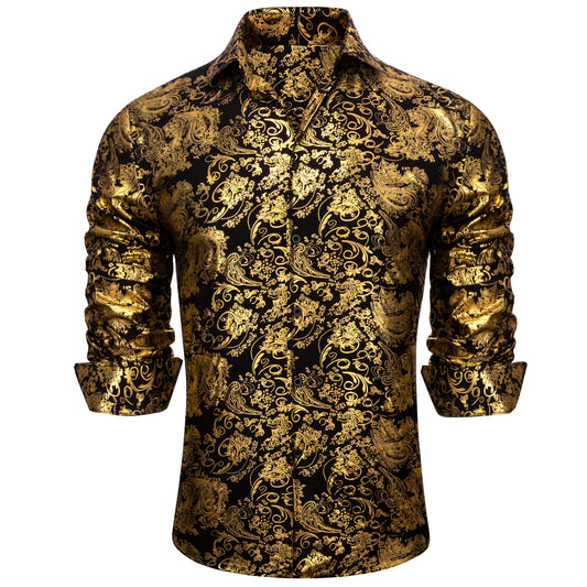 Barry. Wang Bright Gold Black Paisley Silk Men's Shirt