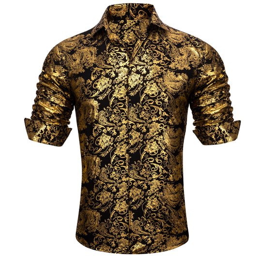 Barry. Wang Bright Gold Black Paisley Silk Men's Shirt