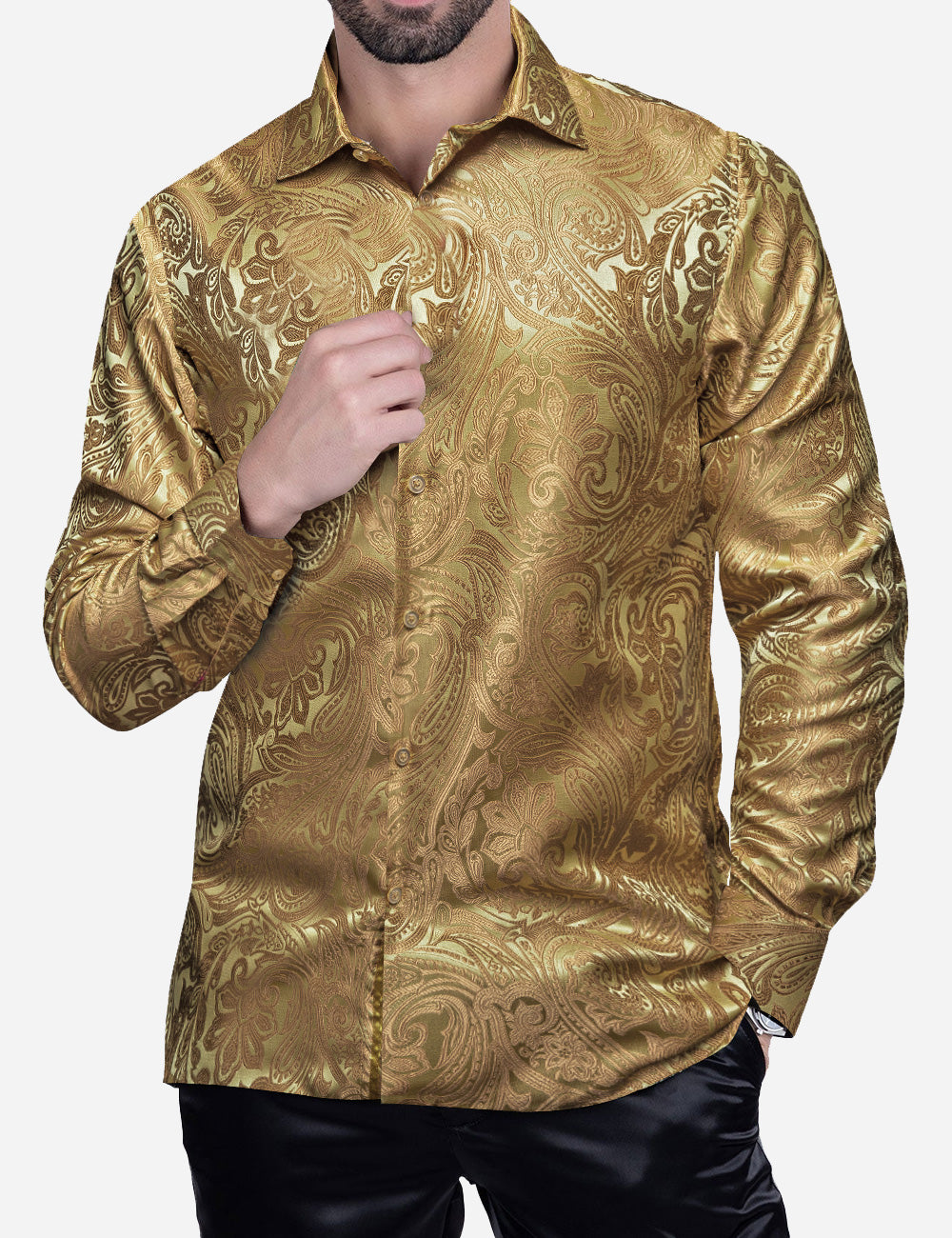 Barry. Wang Mens Gold Dress Shirt Paisley Silk Long Sleeve Button Down Formal Shirts