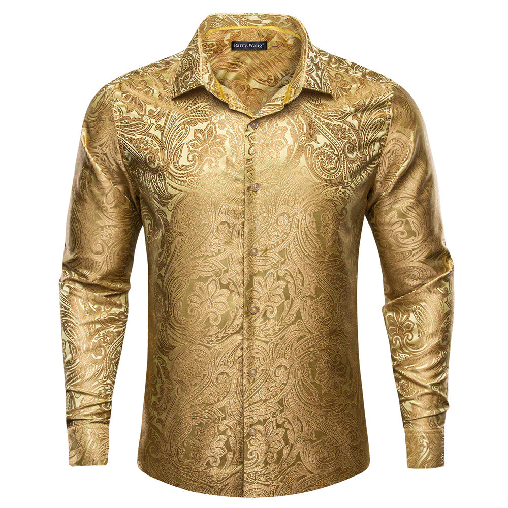 Barry. Wang Mens Gold Dress Shirt Paisley Silk Long Sleeve Button Down Formal Shirts