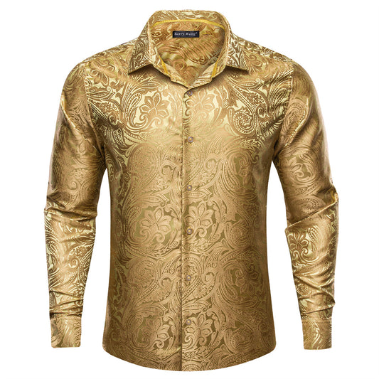 Barry.Wang 2pcs Men Dress Shirts White Gold Paisley 70s Disco Shirt Silk Long Sleeve Shirt