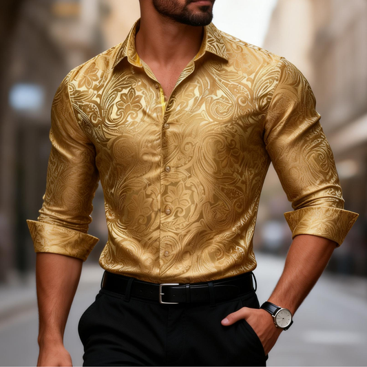 Barry. Wang Mens Gold Dress Shirt Paisley Silk Long Sleeve Button Down Formal Shirts