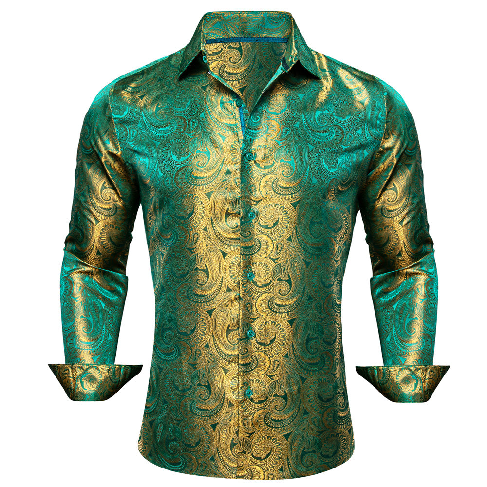 Barry. Wang Mens Paisley Dress Shirt Gold Aqua 70s Disco Long Sleeve Button Down Shirt