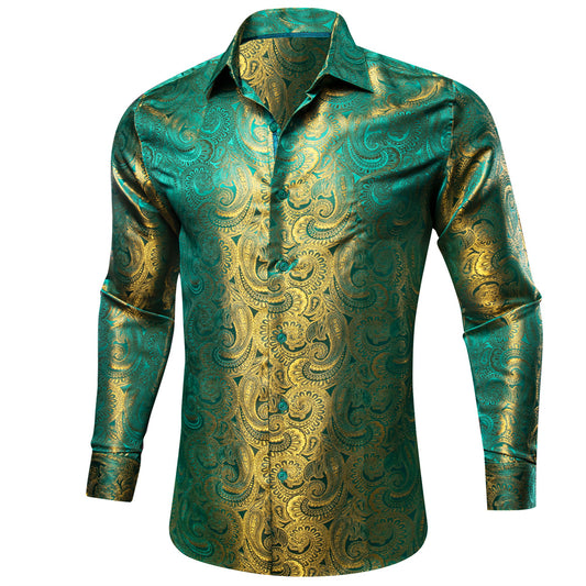 Barry. Wang Mens Paisley Dress Shirt Gold Aqua 70s Disco Long Sleeve Button Down Shirt