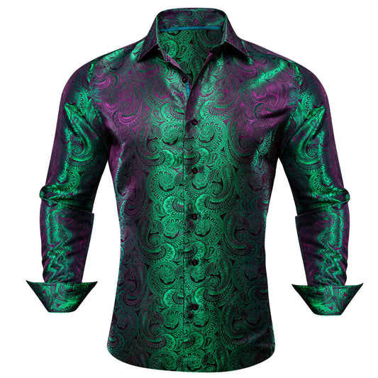 Barry. Wang Mens Paisley Dress Shirt Emerald Green 70s Disco Long Sleeve Button Down Shirt