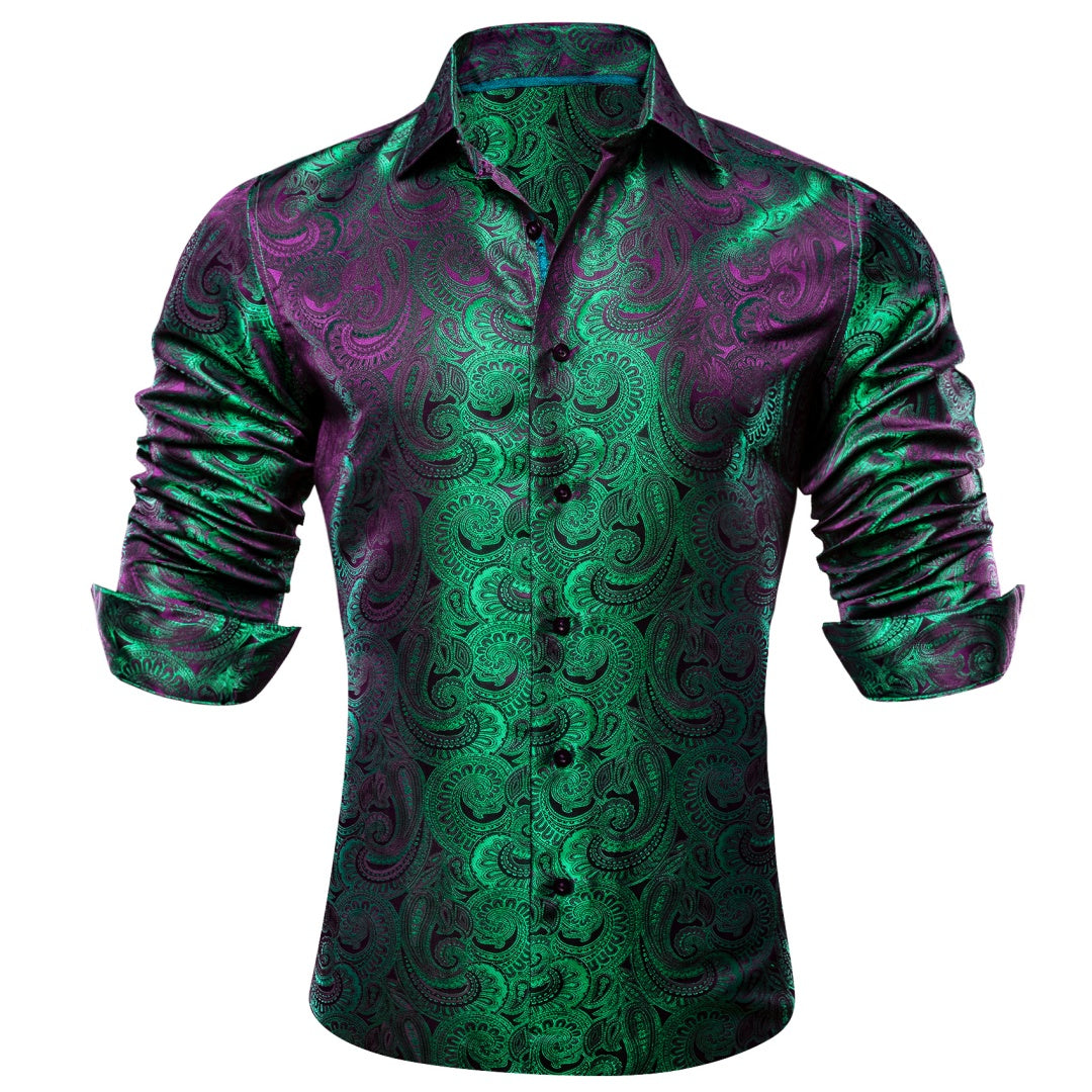 Barry. Wang Mens Paisley Dress Shirt Emerald Green 70s Disco Long Sleeve Button Down Shirt