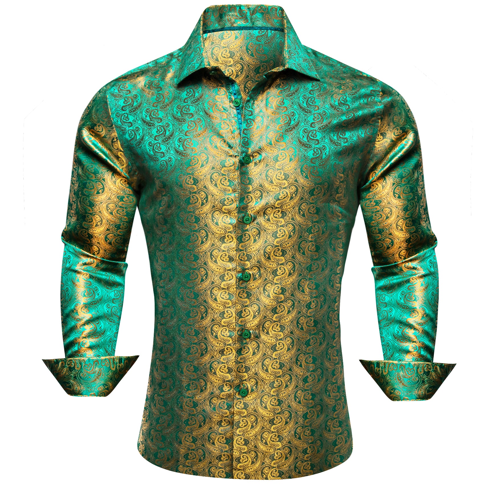 Wang Long Sleeve Shirt Green Gold Paisley Silk Men's Shirt