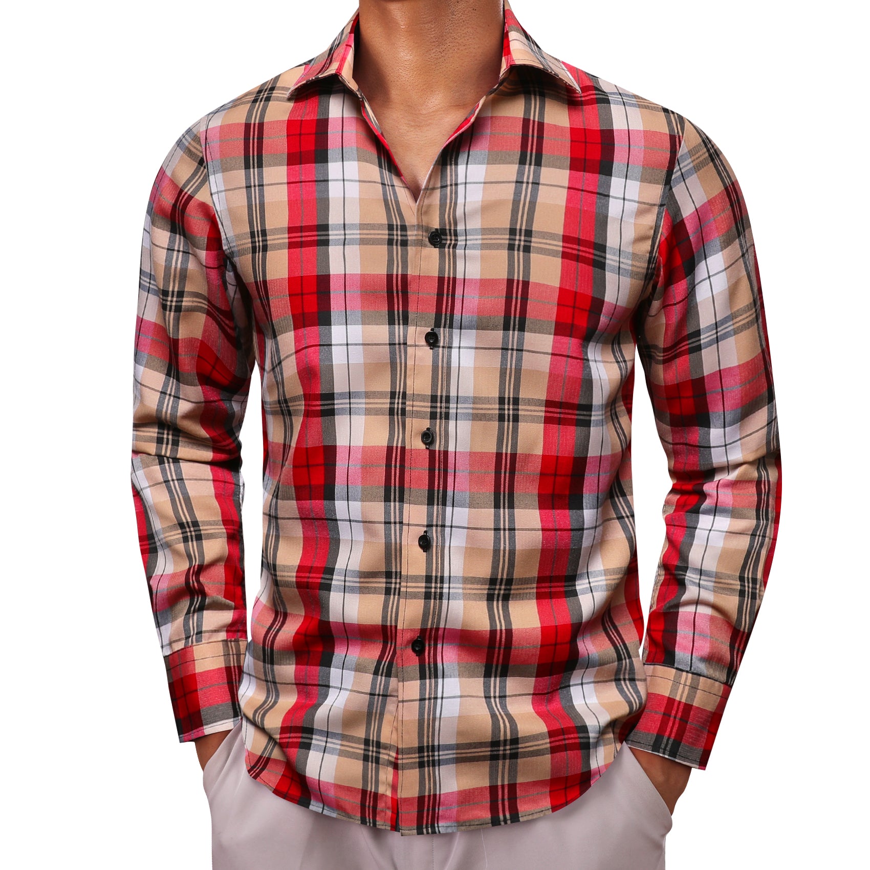  khaki Red Plaid Men's Long Sleeve Shirt