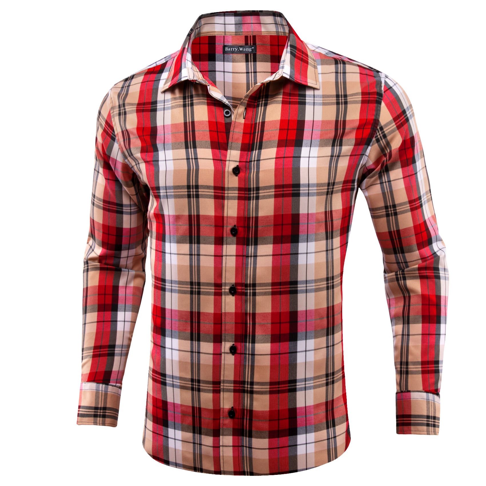 Barry.wang Button Down Shirt khaki Red Plaid Men's Long Sleeve Shirt