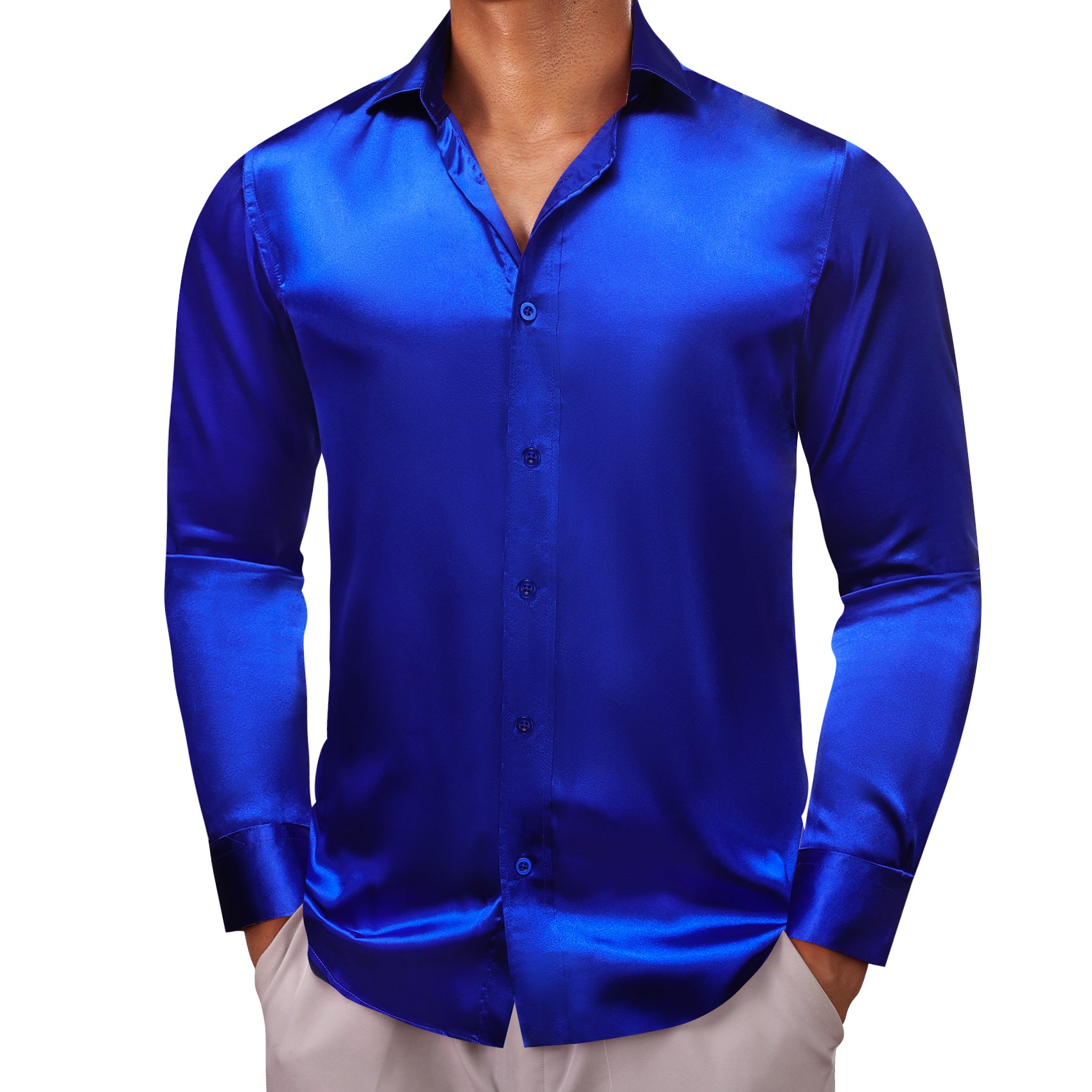 Barry.wang Sapphire Blue Solid Silk Men's Shirt
