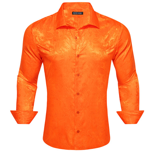 Long t sleeve button up outfit men orange shirt Jacquard Paisley orange long sleeve shirt
