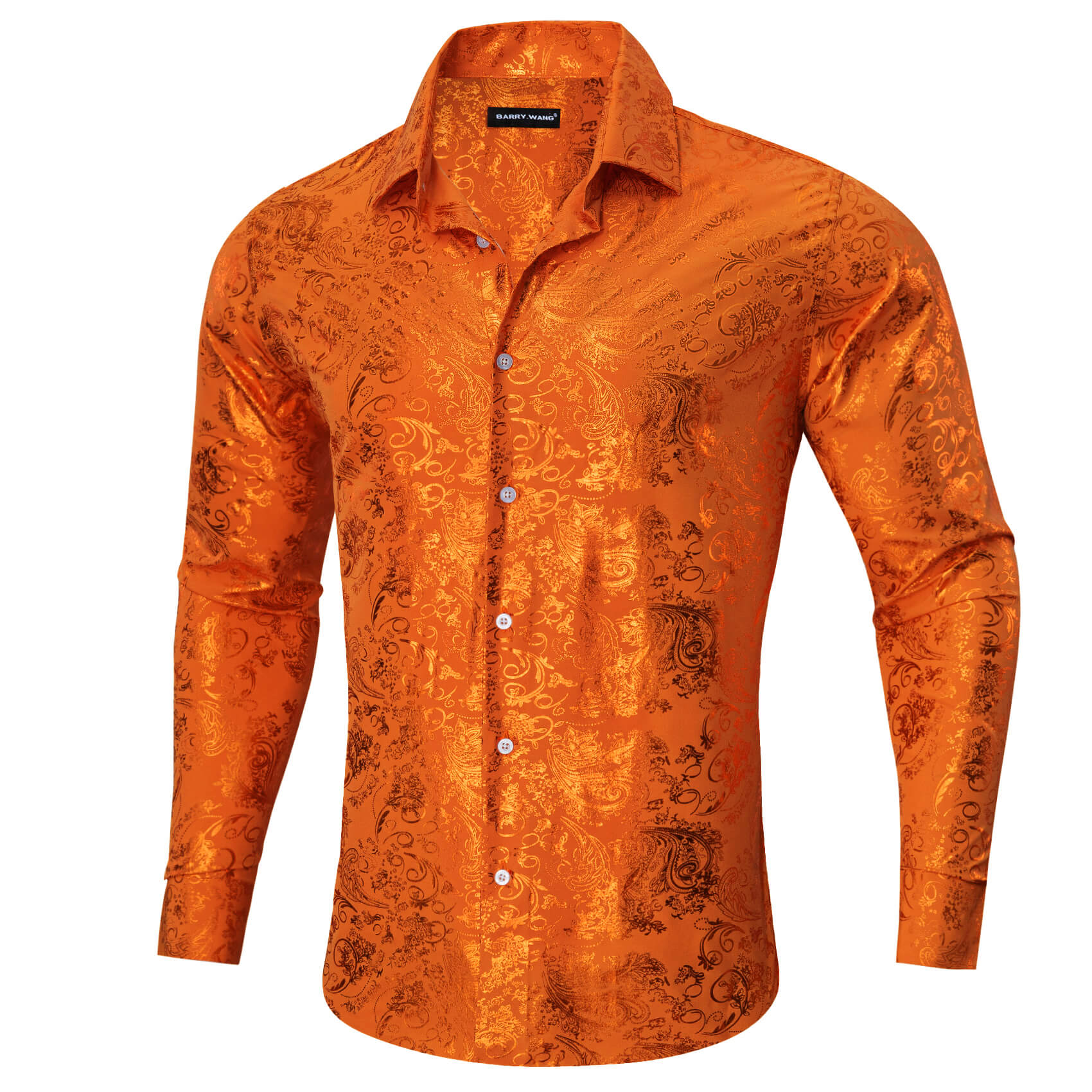 Barry.wang Buttoned Down Shirt Floral Fire Orange Men's Silk Shirt