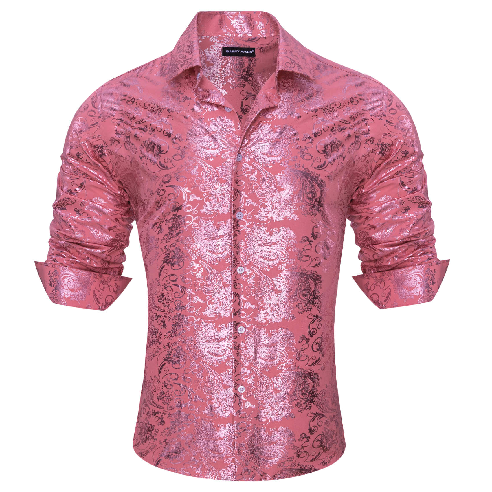 Barry.wang Men's Bronzing Shirt Watermelon Pink Floral Silk Shirt