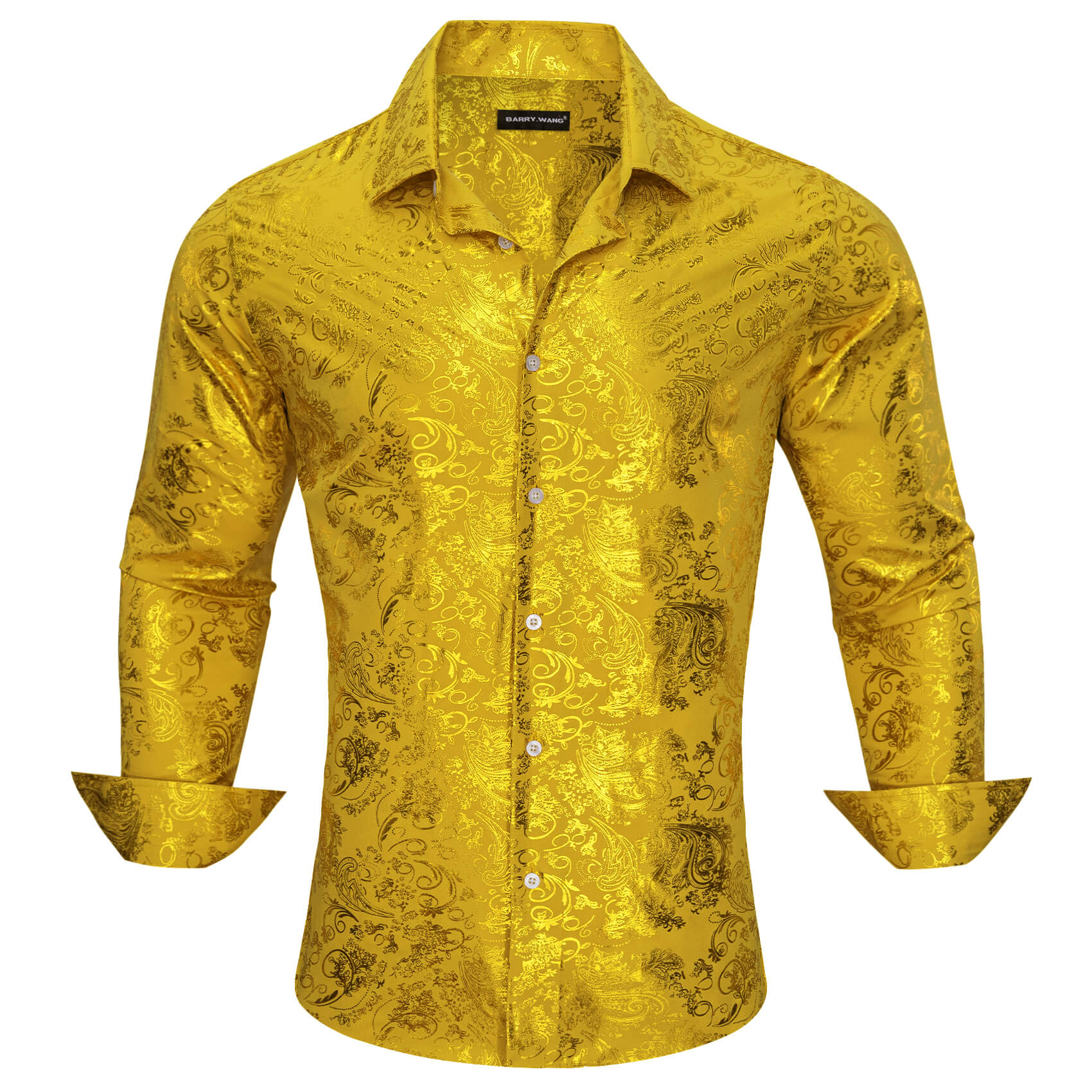 Men's Gold Yellow Bronzing Jacquard Floral Silk Shirt