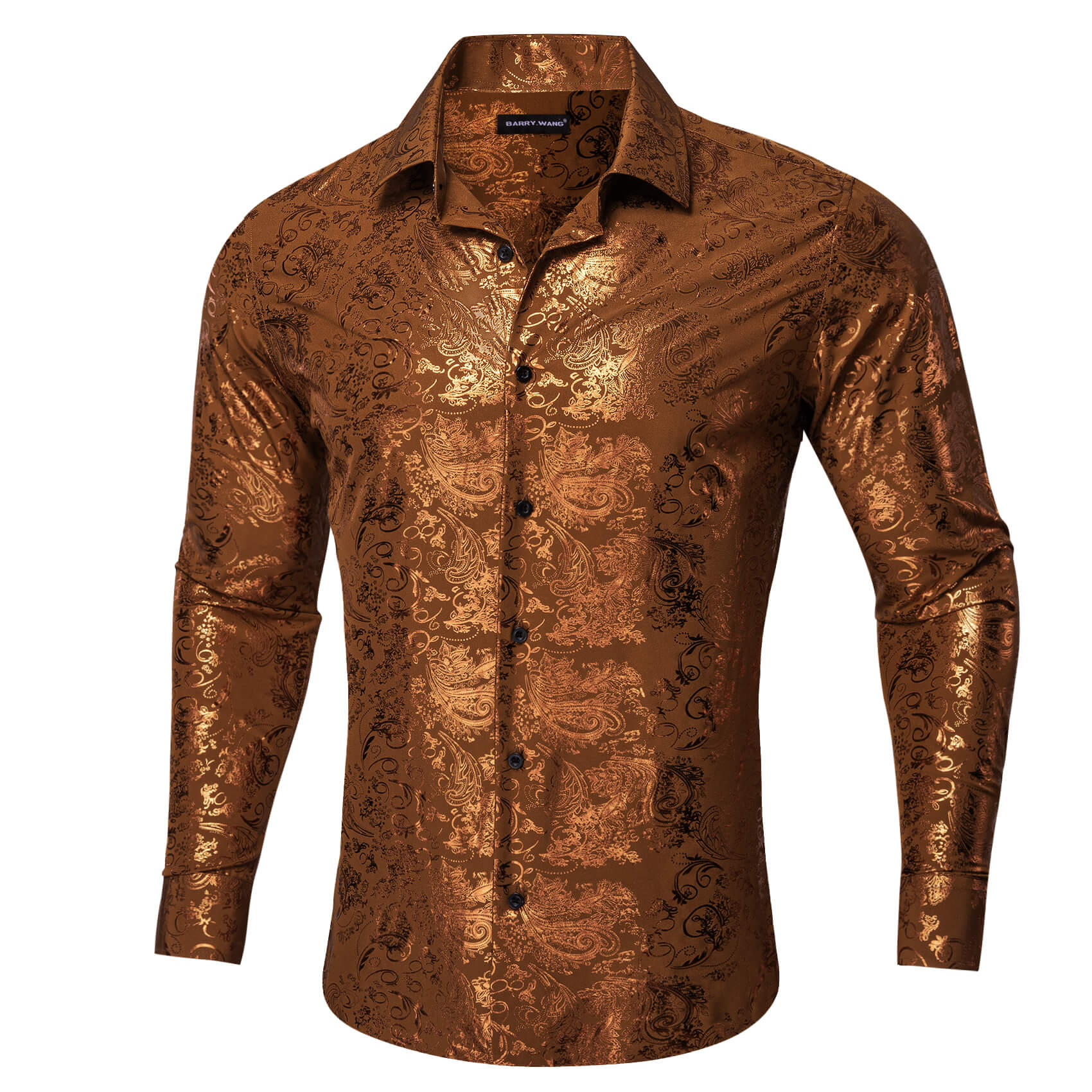 Barry.wang Bronzing Floral Shirt Silk Caramel Brown Men's Long Sleeve Shirt