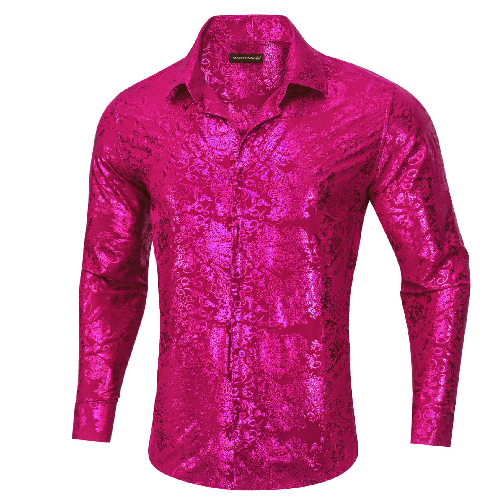 Barry.wang Men's Shirt Magenta Pink Bronzing Floral Button Down Long Sleeve Shirt