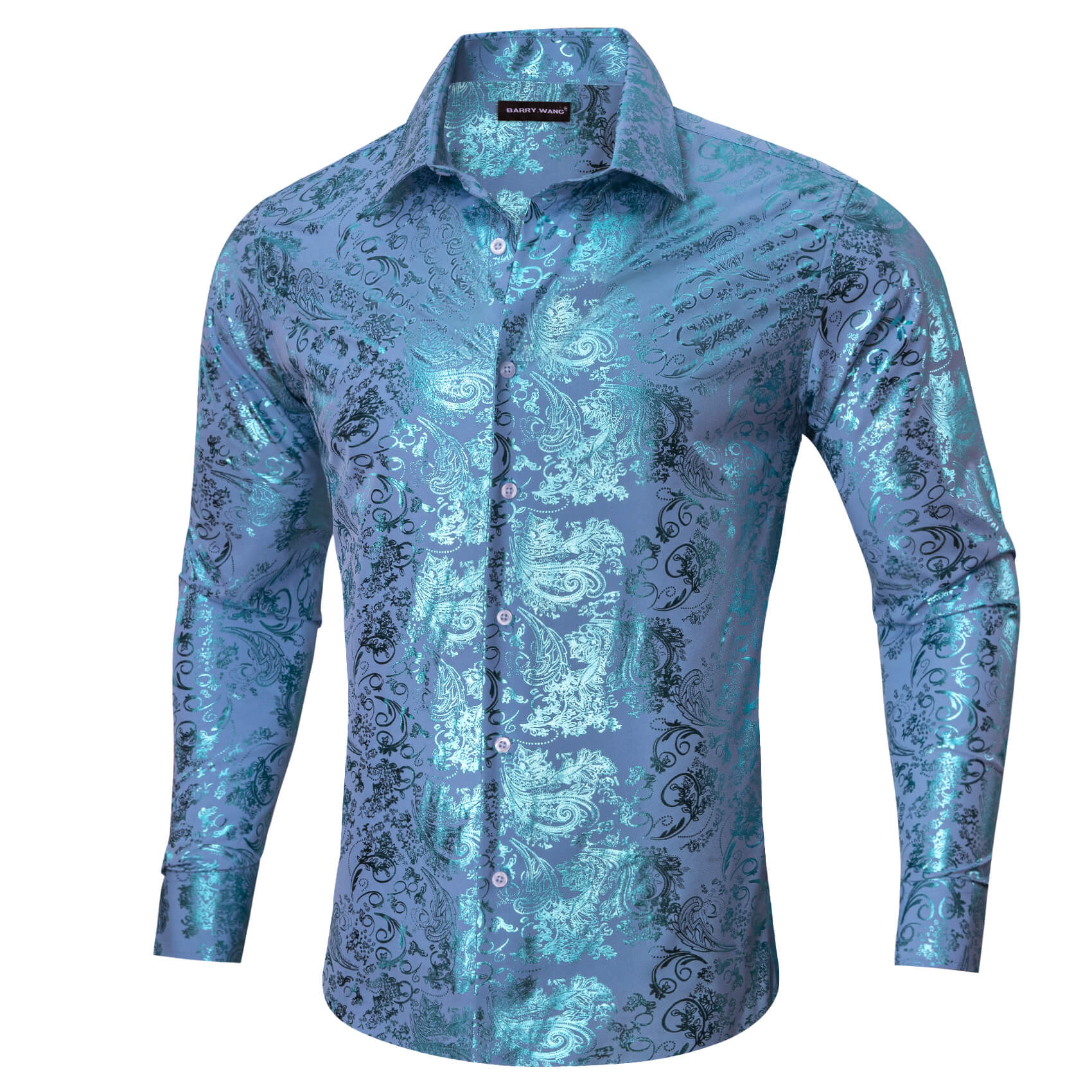 Barry.wang Men's Shirt Sky Blue Bronzing Floral Silk Long Sleeve Shirt