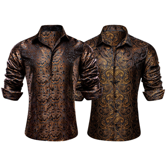 Barry.Wang 2pcs Men Dress Shirts Brown Paisley Shirt Silk Long Sleeve Shirt