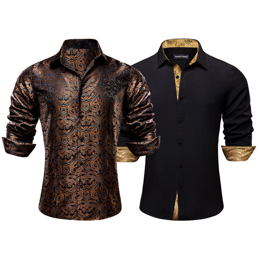 Barry.Wang 2pcs Men Dress Shirts Brown Black Paisley Splicing Shirt Silk Long Sleeve Shirt
