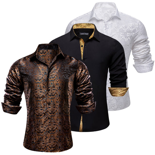 Barry.Wang 3pcs Men Dress Shirts Brown Black White Paisley Splicing Shirt Silk Long Sleeve Shirt