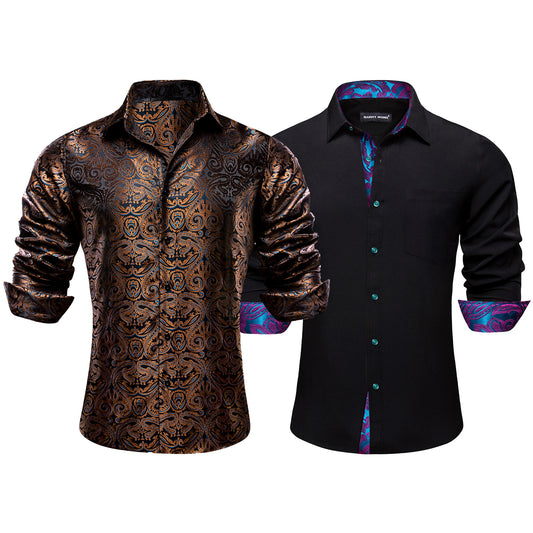 Barry.Wang 2pcs Men Long Sleeve Dress Shirts Brown Black Paisley Splicing Shirt Silk Shirt