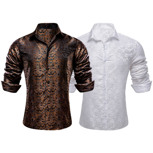 Barry.Wang 2pcs Men Long Sleeve Dress Shirts Brown White Paisley Shirt Silk Shirt