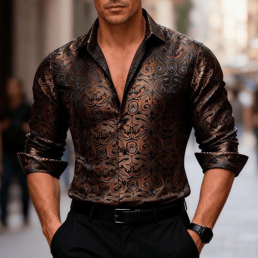 Barry. Wang Mens Paisley Dress Shirt Brown 70s Disco Long Sleeve Button Down Shirt