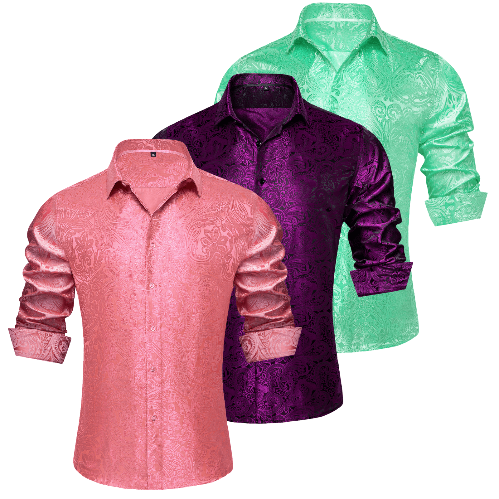 Barry.Wang 3pcs Mens Dress Shirts Pink Purple Green Paisley Shirt Silk Shirt