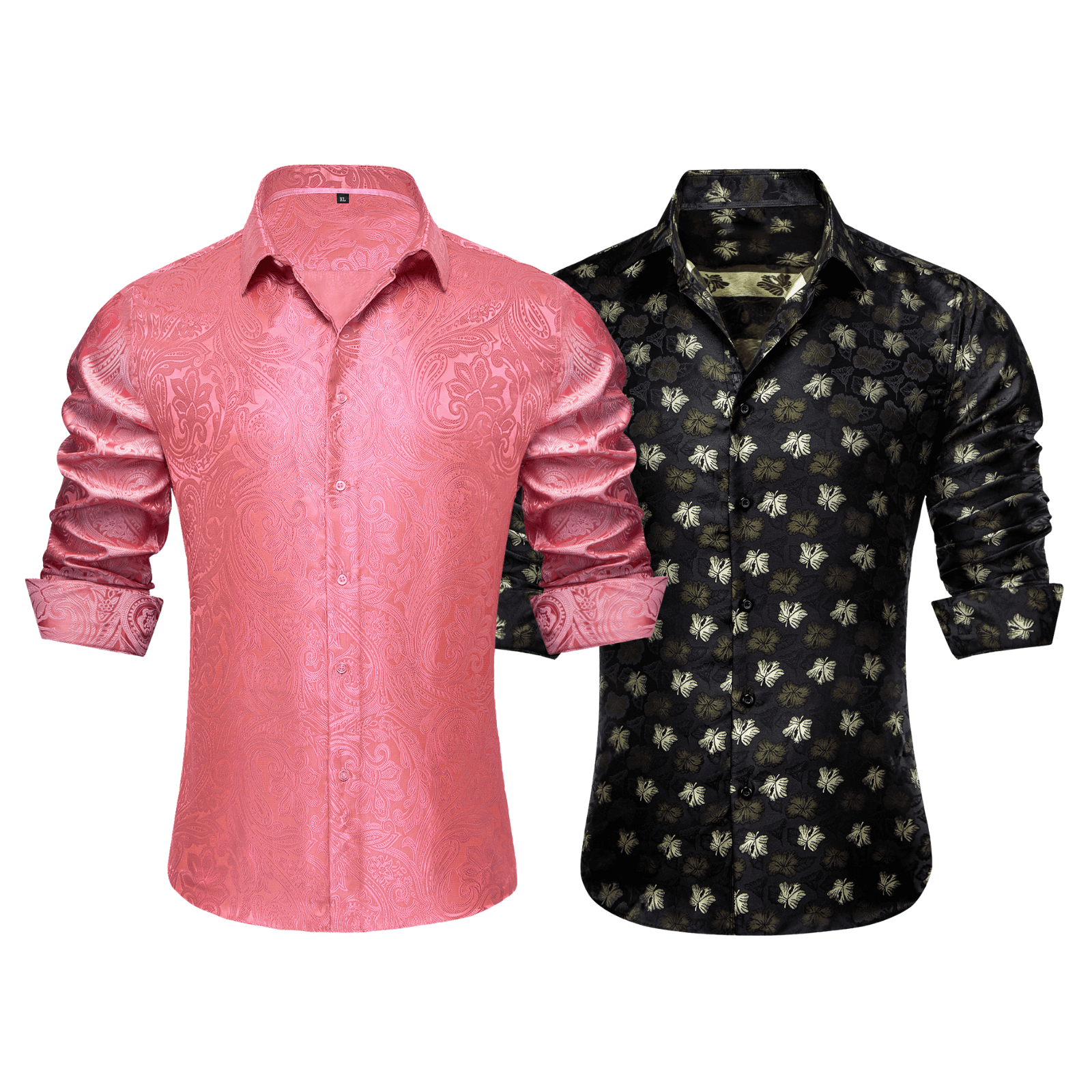 Barry.Wang 2pcs Mens Shirts Pink Black Paisley Floral Shirt Silk Shirt