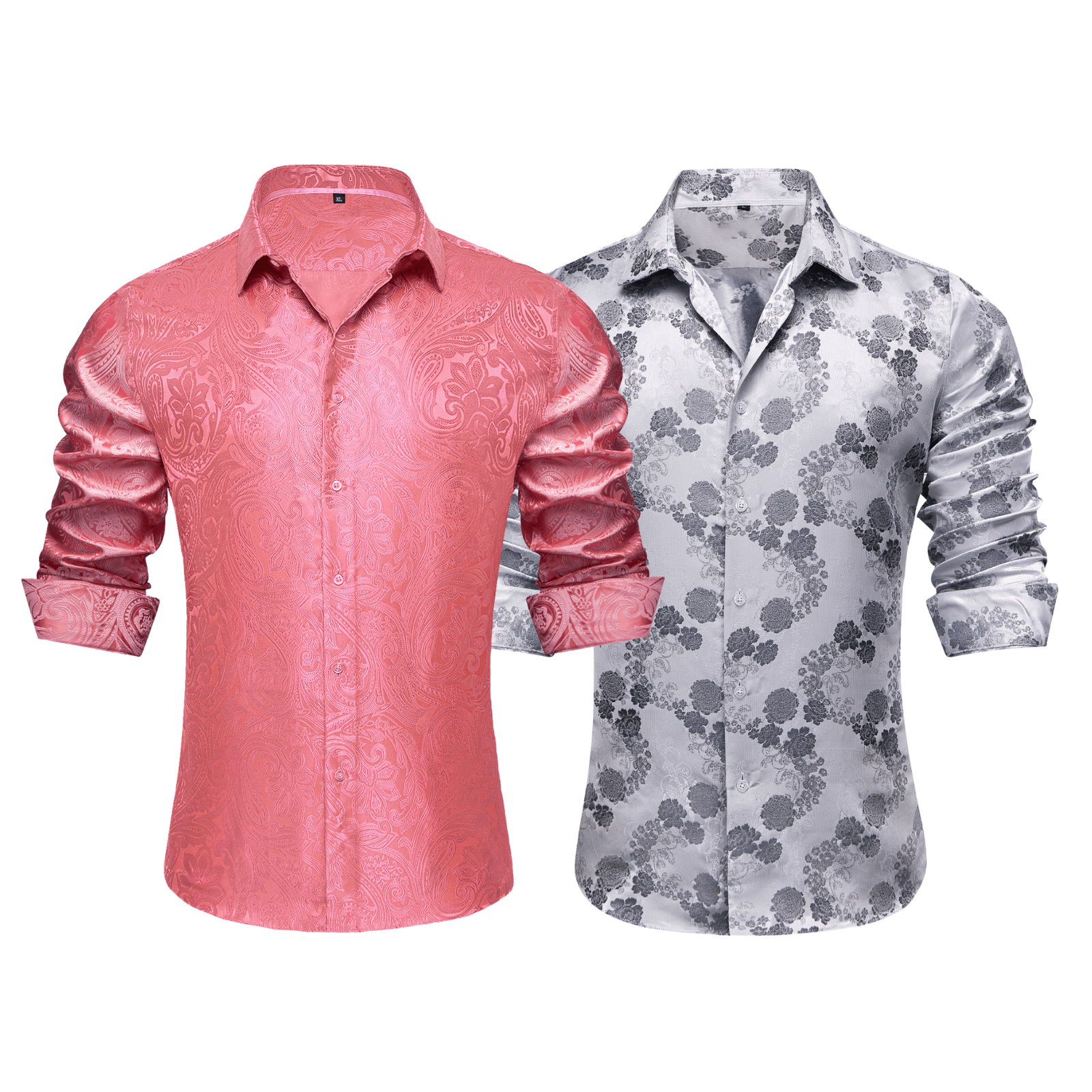 Barry.Wang 2pcs Mens Shirts Pink Grey Paisley Floral Shirt Silk Shirt