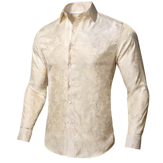 Barry. Wang Beige Wedding Mens Long Sleeve Shirt Paisley Silk Dress Shirt