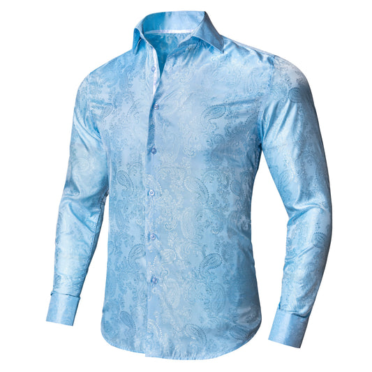 Barry. Wang Shirt Sky Blue Paisley Silk Mens Button Up Dress Shirt