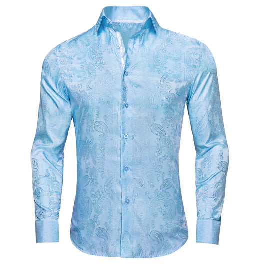 Barry. Wang Shirt Sky Blue Paisley Silk Mens Button Up Dress Shirt