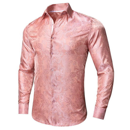 Barry. Wang Blush Pink Paisley Silk Mens Long Sleeve Dress Shirt