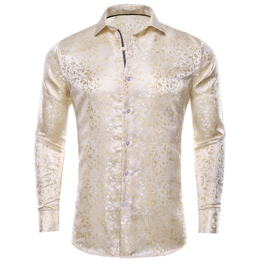 Barry. Wang Mens Champagne Shirt Floral Wrinkle Free Long Sleeve Button Down Shirt