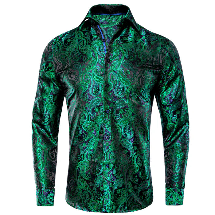 Barry. Wang Forest Green Shirt Men’s Paisley Silk Long Sleeve Shirt