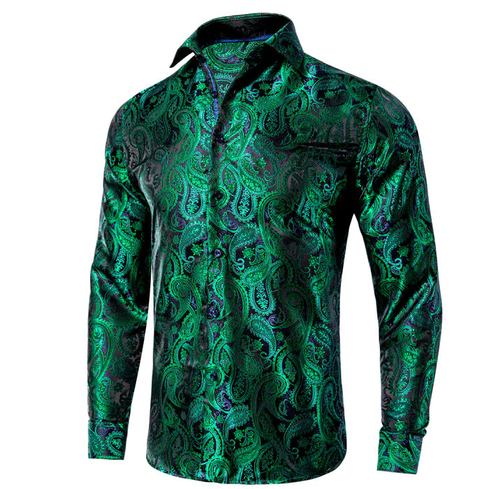 Barry. Wang Forest Green Shirt Men’s Paisley Silk Long Sleeve Shirt