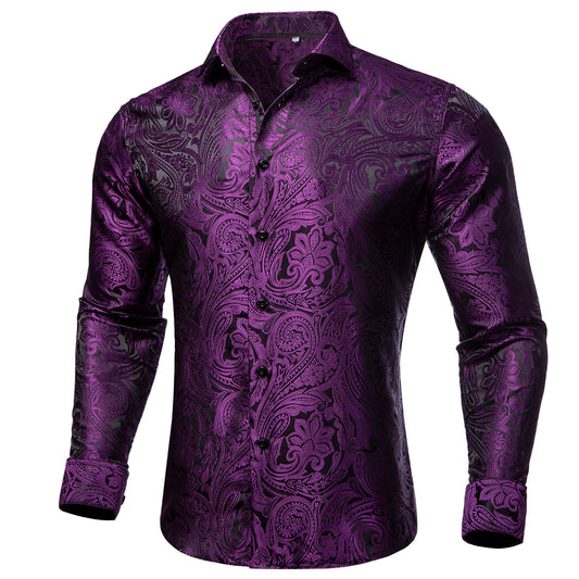 Barry. Wang Purple Paisley Mens Silk Long Sleeve Button Down Business Shirt