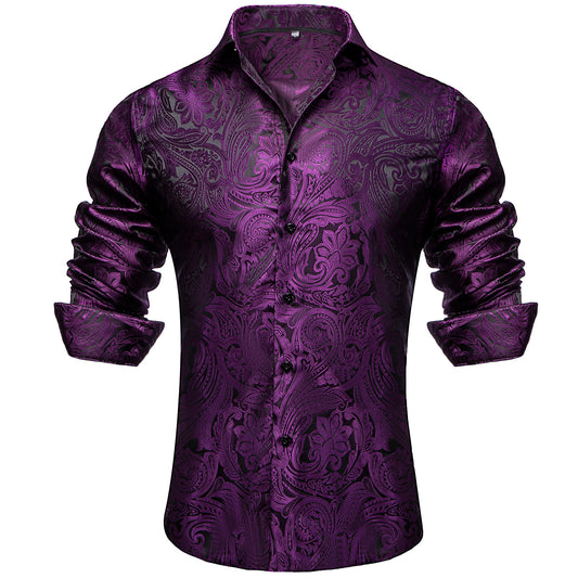 Barry. Wang Purple Paisley Mens Silk Long Sleeve Button Down Business Shirt