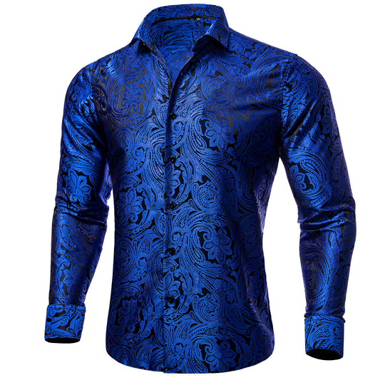Barry. Wang Mens Shirt Royal Blue Floral Silk Long Sleeve Dress Shirt