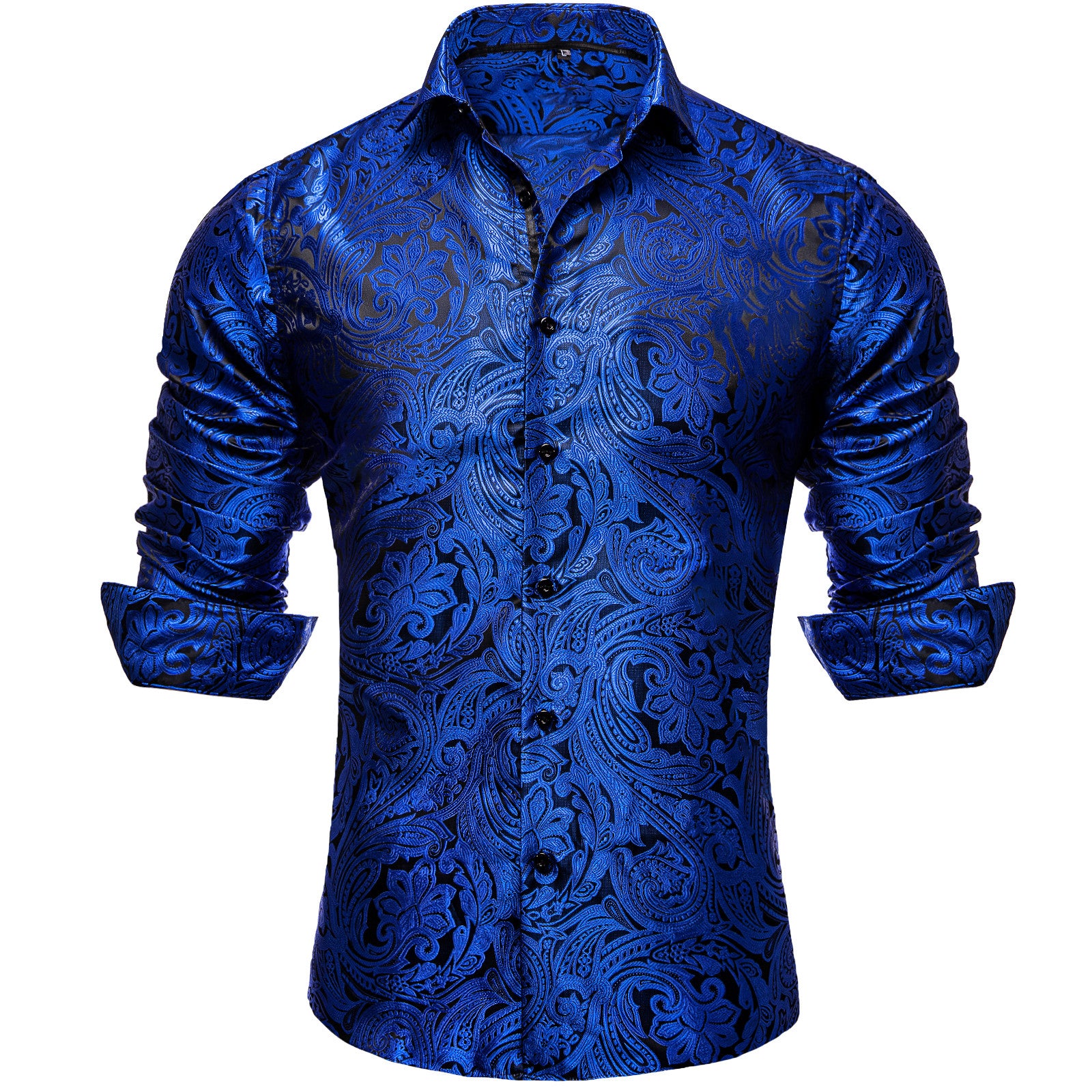Barry. Wang Mens Royal Blue Paisley Long Sleeve Shirt Silk Jacquard Te