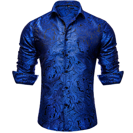 Barry. Wang Mens Shirt Royal Blue Floral Silk Long Sleeve Dress Shirt