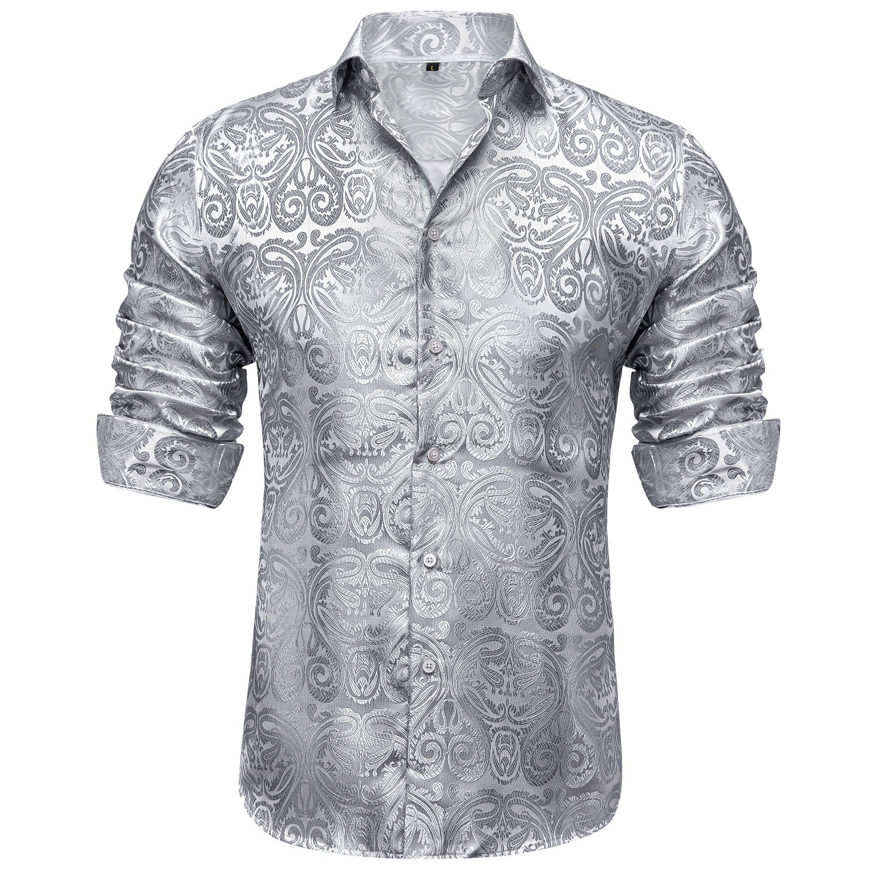 Barry. Wang Mens Silver Dress Shirt Paisley Silk Long Sleeve Button Down Formal Shirt