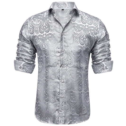 Barry. Wang Silver Paisley Dress Shirt Mens Casual Long Sleeve Button Down Shirt