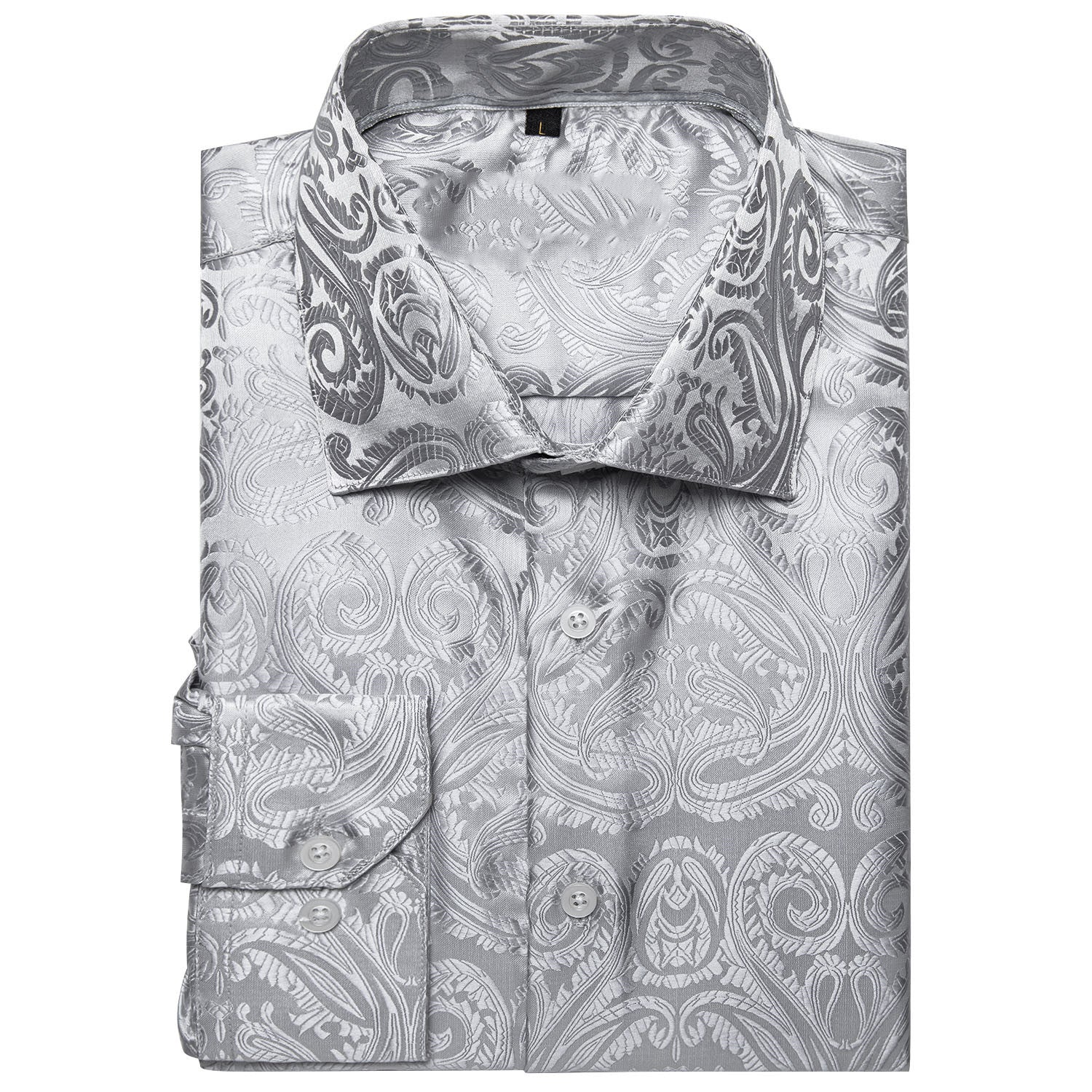 Barry. Wang Mens Silver Dress Shirt Paisley Silk Long Sleeve Button Down Formal Shirt